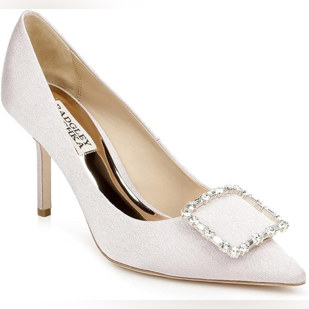 BADGLEY MISCHKA Cher Crystal Embellished Satin Aurora Pink Pumps | Size 8.5